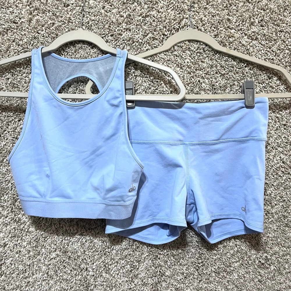 Alo Yoga Blue Racerback Mesh Sports Bra + High Waist Bike Shorts 2 Pc Set Small